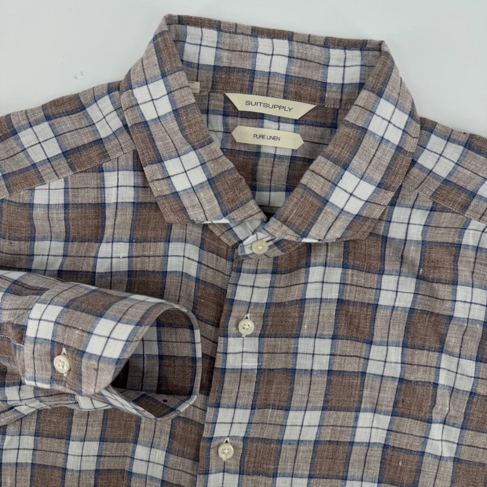 Suitsupply Button Down Shirt Mens 17.5 Brown Blue Check Pure Linen Slim Fit